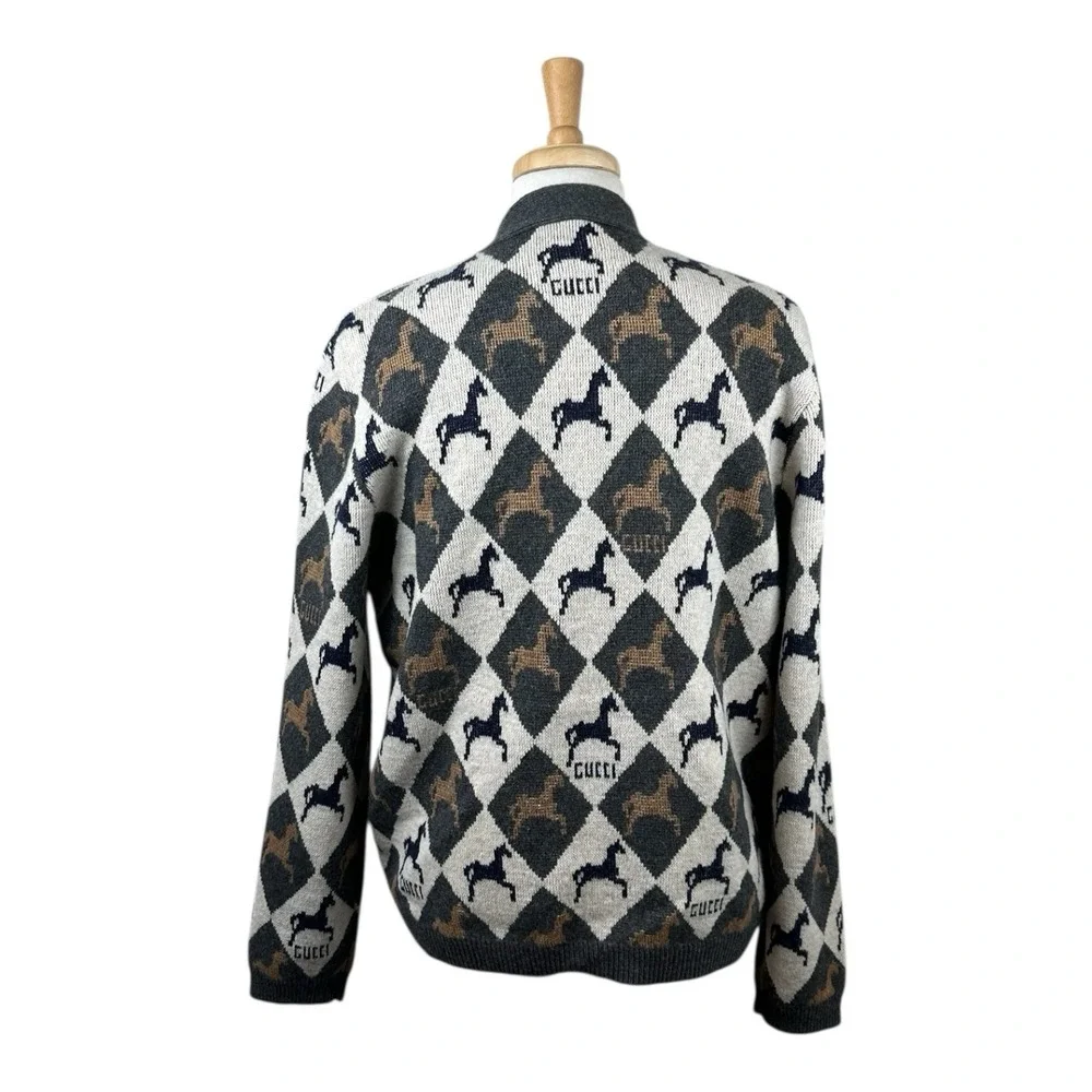 GUCCI Argyle Wool Equestrian AOP Pearl Button Cardigan Size Men's Large